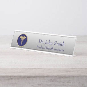Porte-nom Pour Bureau Gold Médicale Caduceus Blue Professional