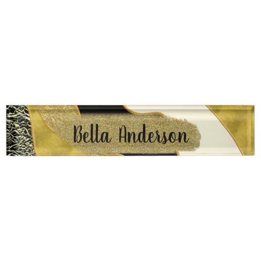 Porte-nom Pour Bureau Golden Abstrait Wave Modern Gold Glam tendance (Devant)