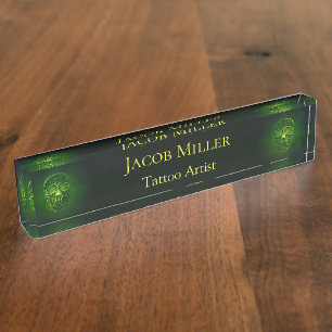 Porte-nom Pour Bureau Gothique Crâne vert néon métal tatouage Artiste