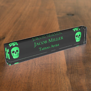 Porte-nom Pour Bureau Gothique Crâne visage Neon vert Tattoo Shop noir