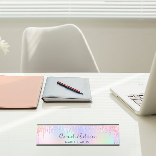 Porte-nom Pour Bureau gouttes roses holographiques