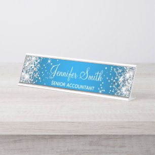 Porte-nom Pour Bureau Gradient Azure Parties scintillant Argent Fille