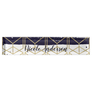 Porte-nom Pour Bureau Hexagon Modern Marine Blue Gold Glam géométrique