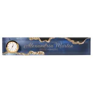 Porte-nom Pour Bureau Horloge à police de caractères script doré bleu ma