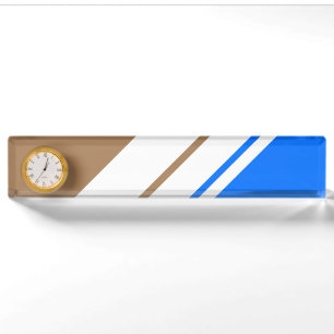 Porte-nom Pour Bureau Horloge Fun Bright Blue Mocha White Bandes de Cour