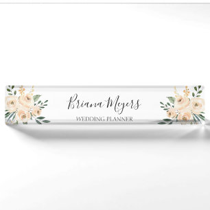 Porte-nom Pour Bureau Hydrangeas Pêche Rose Moderne Aquarelle Entreprise