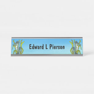 Porte-nom Pour Bureau Imaginaire Bleu Blanc Hippocampe Vert Algues Bleue