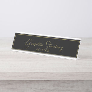 Porte-nom Pour Bureau Immobilier Or Noir Script Métallique