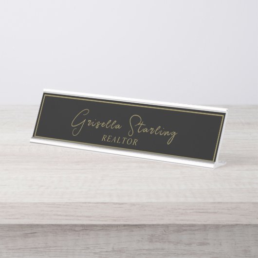Porte-nom Pour Bureau Immobilier Or Noir Script Métallique (Devant)