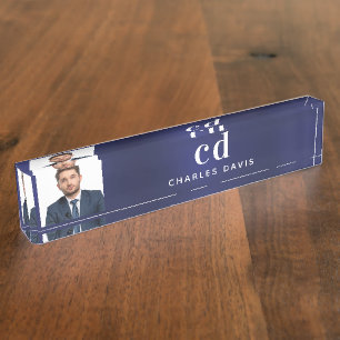 Porte-nom Pour Bureau Initiales en monogramme photo bleu marine