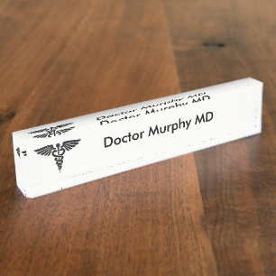 Porte-nom Pour Bureau Insigne Médicale Caduceus Blanc