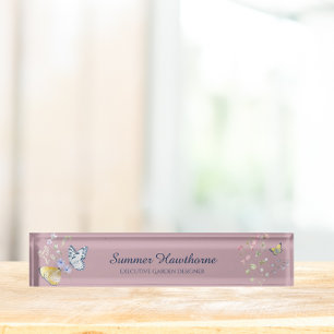 Porte-nom Pour Bureau Intérieur Botanique Fleurie Papillon Mauve Rose