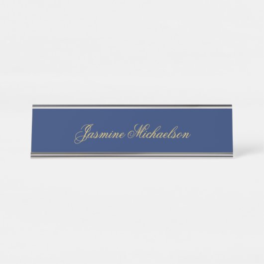 Porte-nom Pour Bureau Jolie calligraphie chic nom bleu et or (Devant)