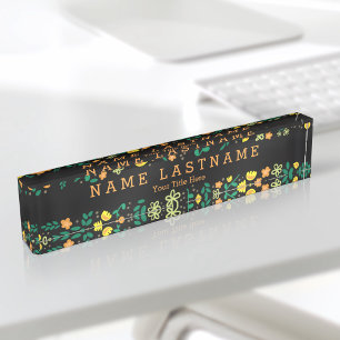 Porte-nom Pour Bureau Jolie florale fille personnalisée noir bureau plaq