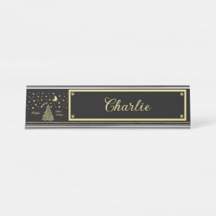 Porte-nom Pour Bureau Joyeux Pawlidays, Or brillant Paw sapin de Noël