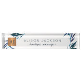 Porte-nom Pour Bureau lauriers d'aquarelle bleu océan cuivre monogrammé (Devant)