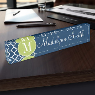 Porte-nom Pour Bureau Lime et marine Motif géométrique Monogramme person