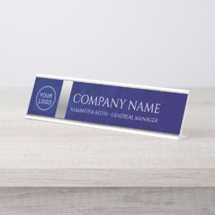 Porte-nom Pour Bureau Logo de l'entreprise Royal Blue Leather and Silver