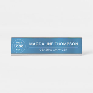 Porte-nom Pour Bureau Logo d'entreprise Blue Metallic