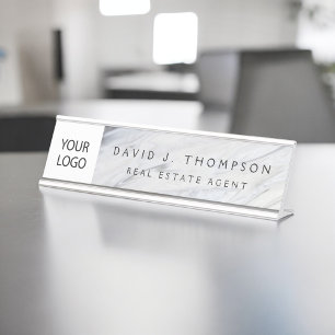 Porte-nom Pour Bureau Logo personnalisé Marbre blanc gris professionnel