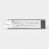 Porte-nom Pour Bureau Logo personnalisé Marbre blanc gris professionnel (Devant)