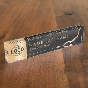 Porte-nom Pour Bureau Logo Personnalisé Marbre d'Agate en Or Noir Luxe