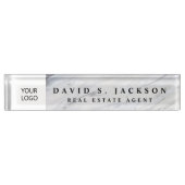 Porte-nom Pour Bureau Logo personnalisé Marbre gris blanc Élégant Profes (Devant)