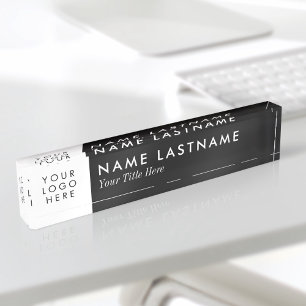 Porte-nom Pour Bureau Logo Personnalisé Minimaliste Noir Blanc Sleek Sim