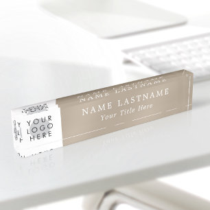 Porte-nom Pour Bureau Logo personnalisé Moderne Élégant Beige Taupe Blan