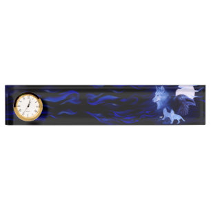 Porte-nom Pour Bureau Loup et corbeau avec pleine lune