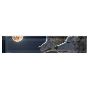 Porte-nom Pour Bureau Loups blancs dans la Pleine lune