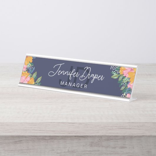 Porte-nom Pour Bureau Lush Pink Yellow Flowers Name & Initials (Devant)