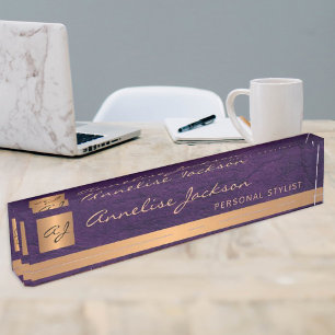Porte-nom Pour Bureau Luxe élégant en cuir violet or monogrammed