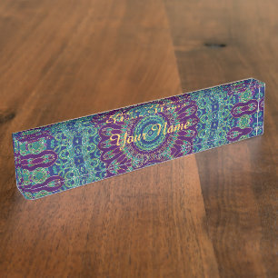 Porte-nom Pour Bureau Mandala pourpre, bleu et vert