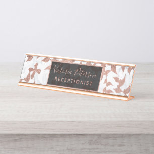 Porte-nom Pour Bureau Marbre blanc à la mode d'or de feuillage rose