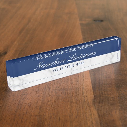 Porte-nom Pour Bureau Marbre bleu blanc gris marine Élégant Script (Taille)