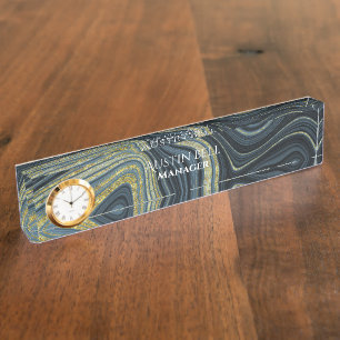 Porte-nom Pour Bureau Marbre bleu foncé et clair et doré Personnalisé