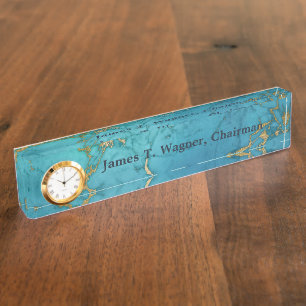 Porte-nom Pour Bureau Marbre d'or Bleu Faux Pierre