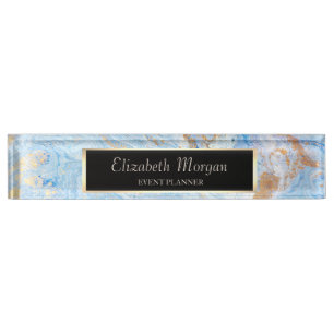 Porte-nom Pour Bureau Marbre géométrique bleu or élégant et stylé, cadre