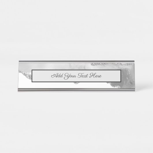 Porte-nom Pour Bureau Marbre Gris Blanc Agate Simple Paillettes Argentée (Devant)