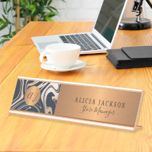Porte-nom Pour Bureau Marbre moderne motif noir rose or monogrammé