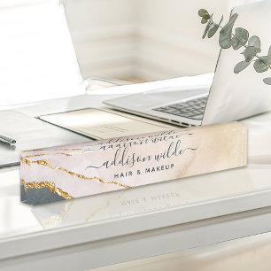 Porte-nom Pour Bureau Marbre Or Rose Noir Aquarelle Script Entreprise
