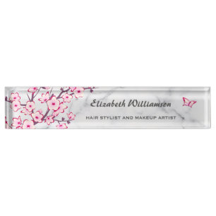 Porte-nom Pour Bureau Marbre rose gris fleurs de cerisier