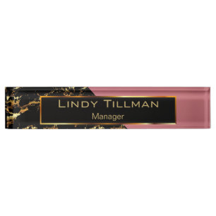 Porte-nom Pour Bureau Marbre rose, noir et or