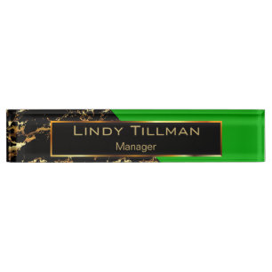 Porte-nom Pour Bureau Marbre vert citron, noir et or