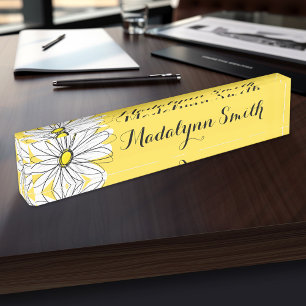 Porte-nom Pour Bureau Marguerite lunaire jaune et blanc avec texte perso