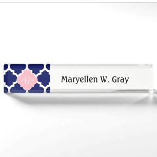 Porte-nom Pour Bureau Marine Bleu Marocain #5 Rose 3 Monogramme initial