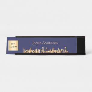 Porte-nom Pour Bureau Marine bleu ville skyline logo commercial immobili