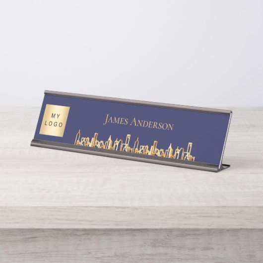 Porte-nom Pour Bureau Marine bleu ville skyline logo commercial immobili (Devant)
