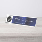 Porte-nom Pour Bureau Marine moderne bleu et blanc avec logo, nom, titre (Devant)